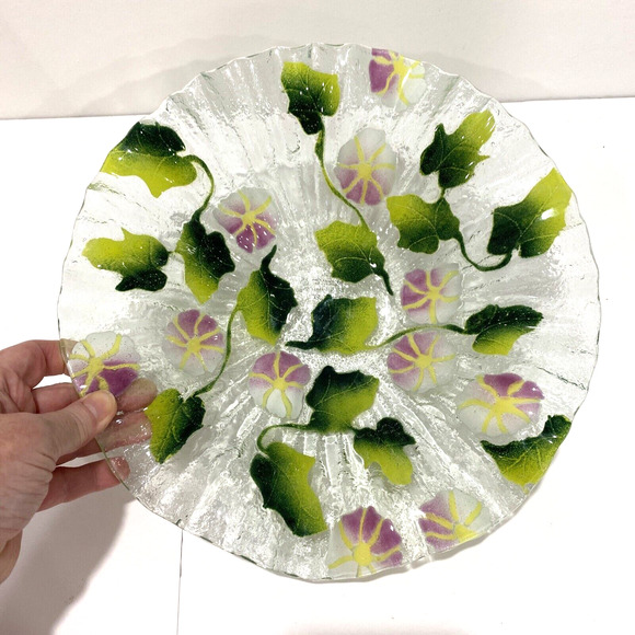 Kali Studio Art Glass Fused Pink & Green Floral Fruit Bowl Ruffle Edge Dish Bowl - Picture 2 of 7